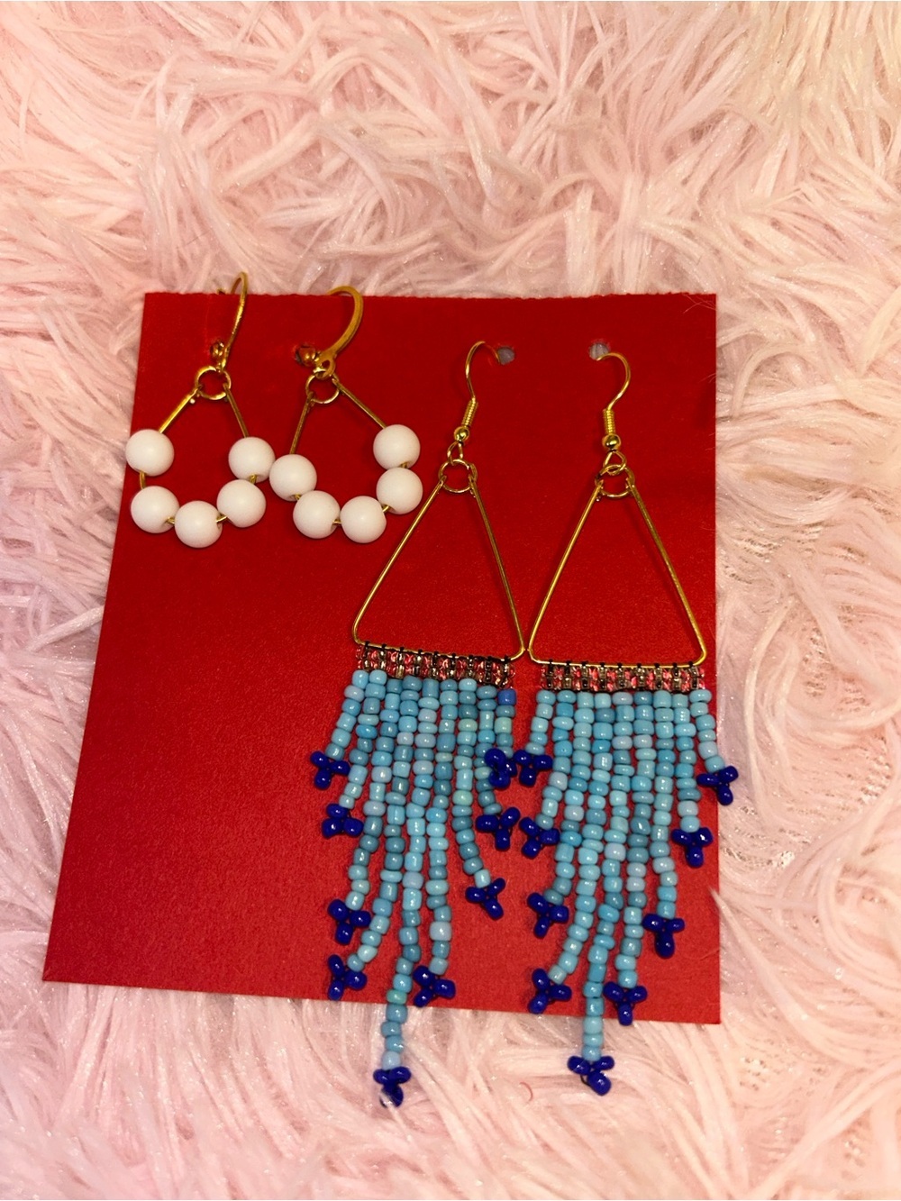 Gold-Tone Blue Beaded Fringe Triangle Earrings